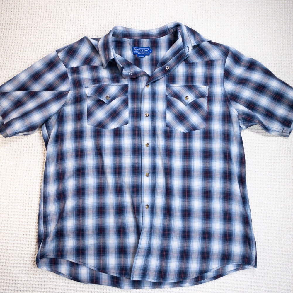 Pendleton Mens Blue Plaid Short Sleeve Western Snap Front Shirt Large L